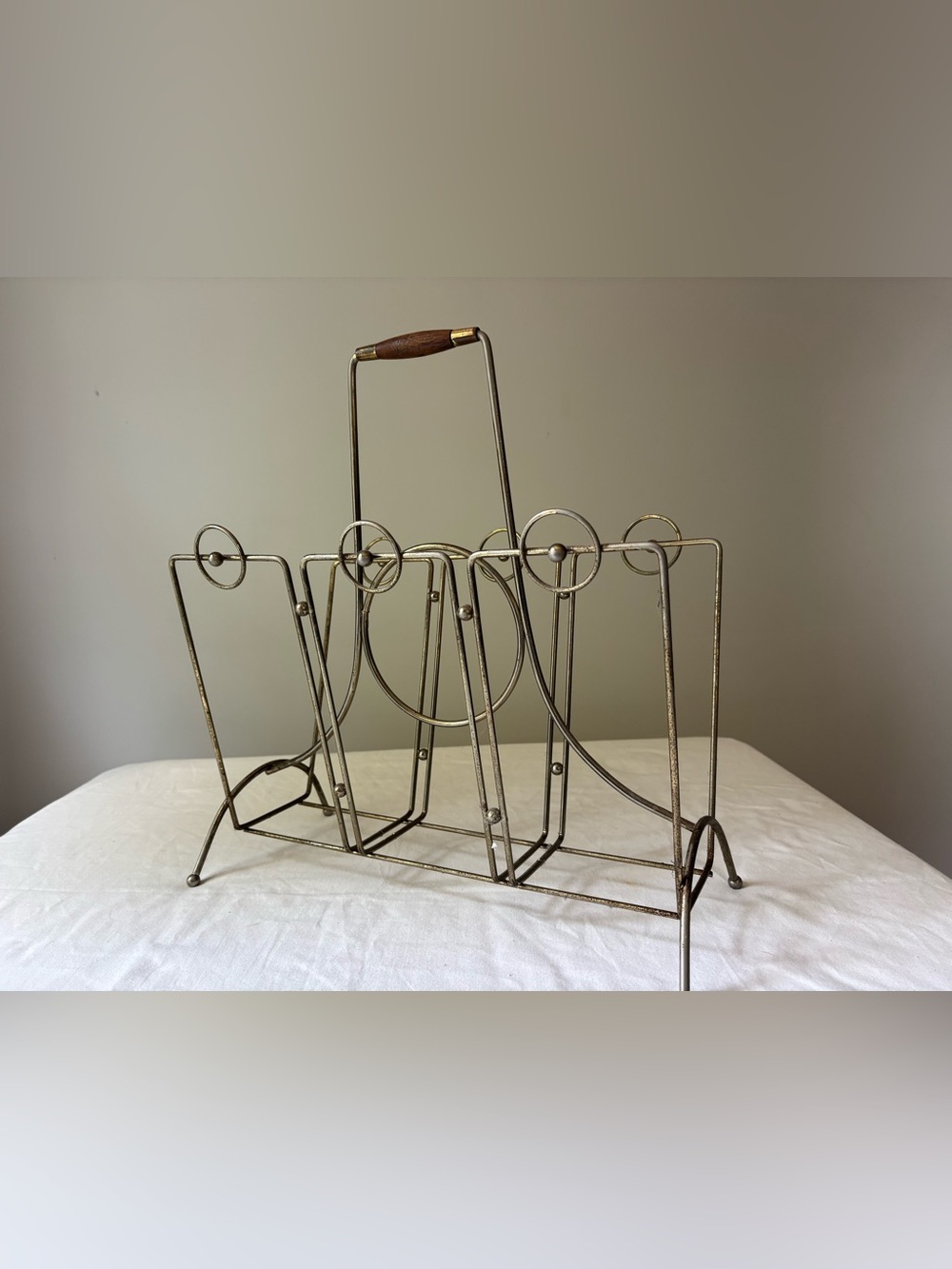 Vintage Metal Magazine Rack with Wooden Handle - Silver/Bronze Finish